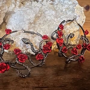 Roses and snake dark witchy gothic style earrings gunmetal color 2 in hoops